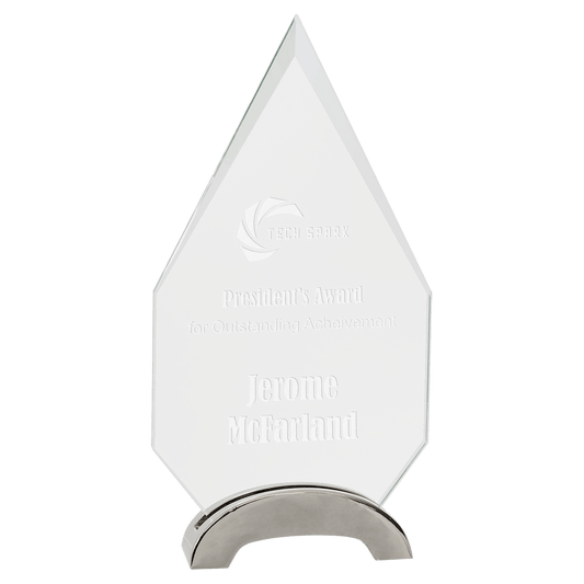 9 1/4" Diamond Platinum Glass with Arch Metal Base glass award laser engravable