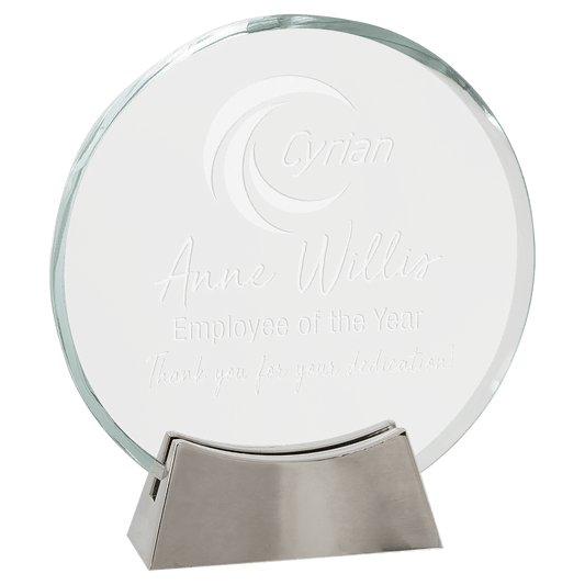 6 1/4" Round Platinum Glass with Full Metal Base glass award laser engravable