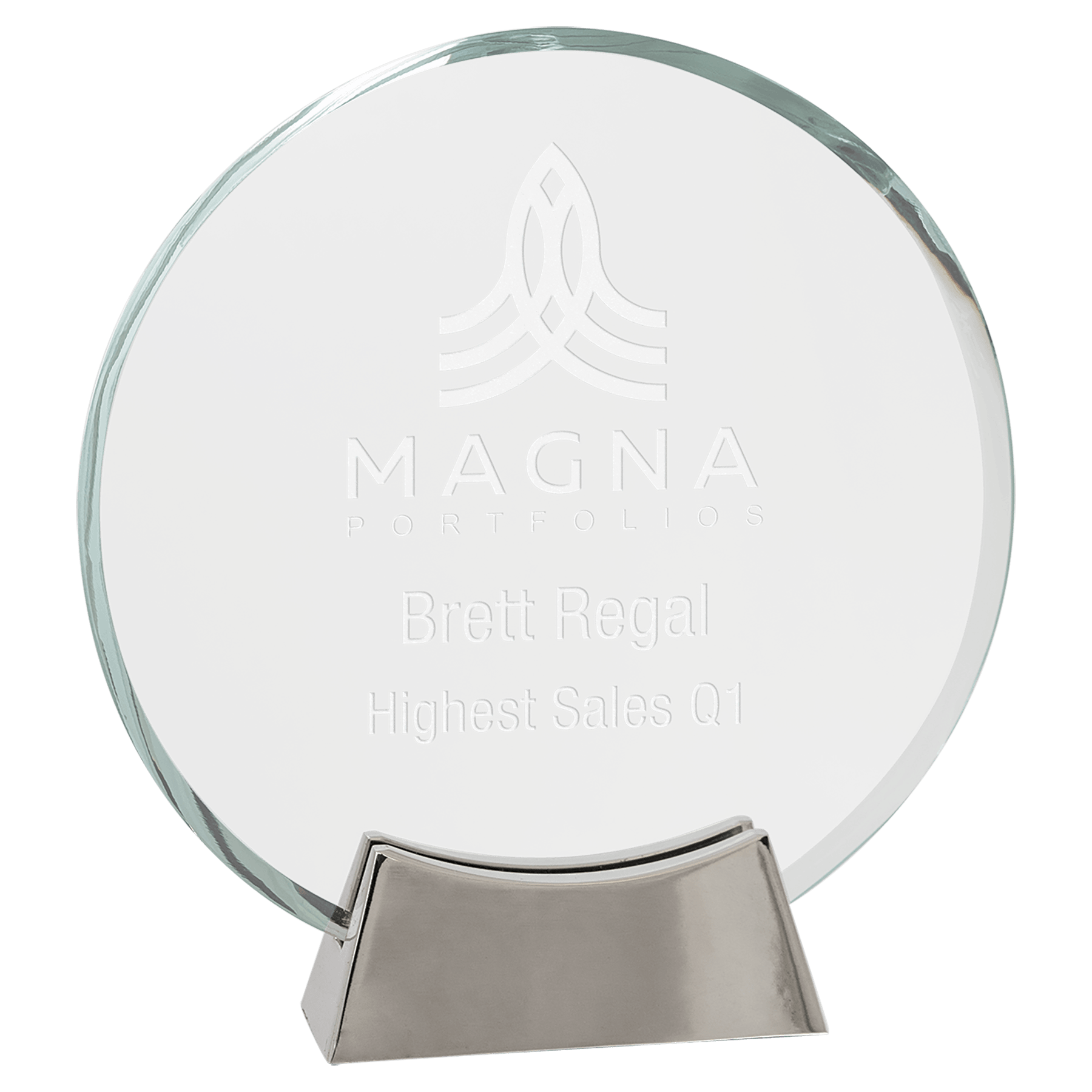 7 1/4" Round Platinum Glass with Full Metal Base glass award laser engravable