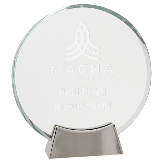 7 1/4" Round Platinum Glass with Full Metal Base glass award laser engravable