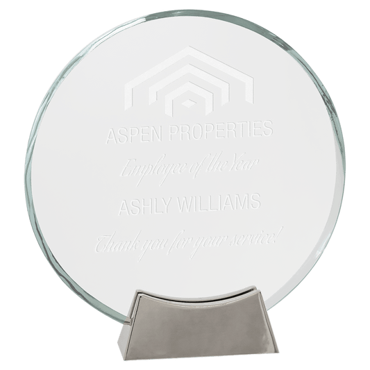 8" Round Platinum Glass with Full Metal Base glass award laser engravable