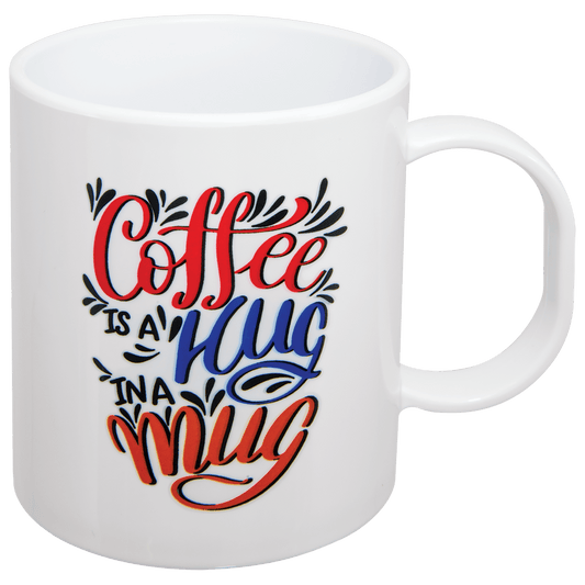 Personalized 11 oz. white polymer coffee mug with custom full-color photo or design, lightweight and durable