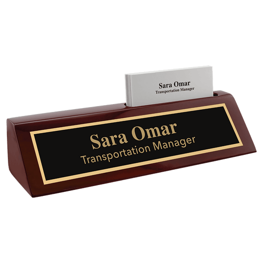 8 1/2" Rosewood Piano Finish Desk Wedge with Business Card Holder laser engravable
