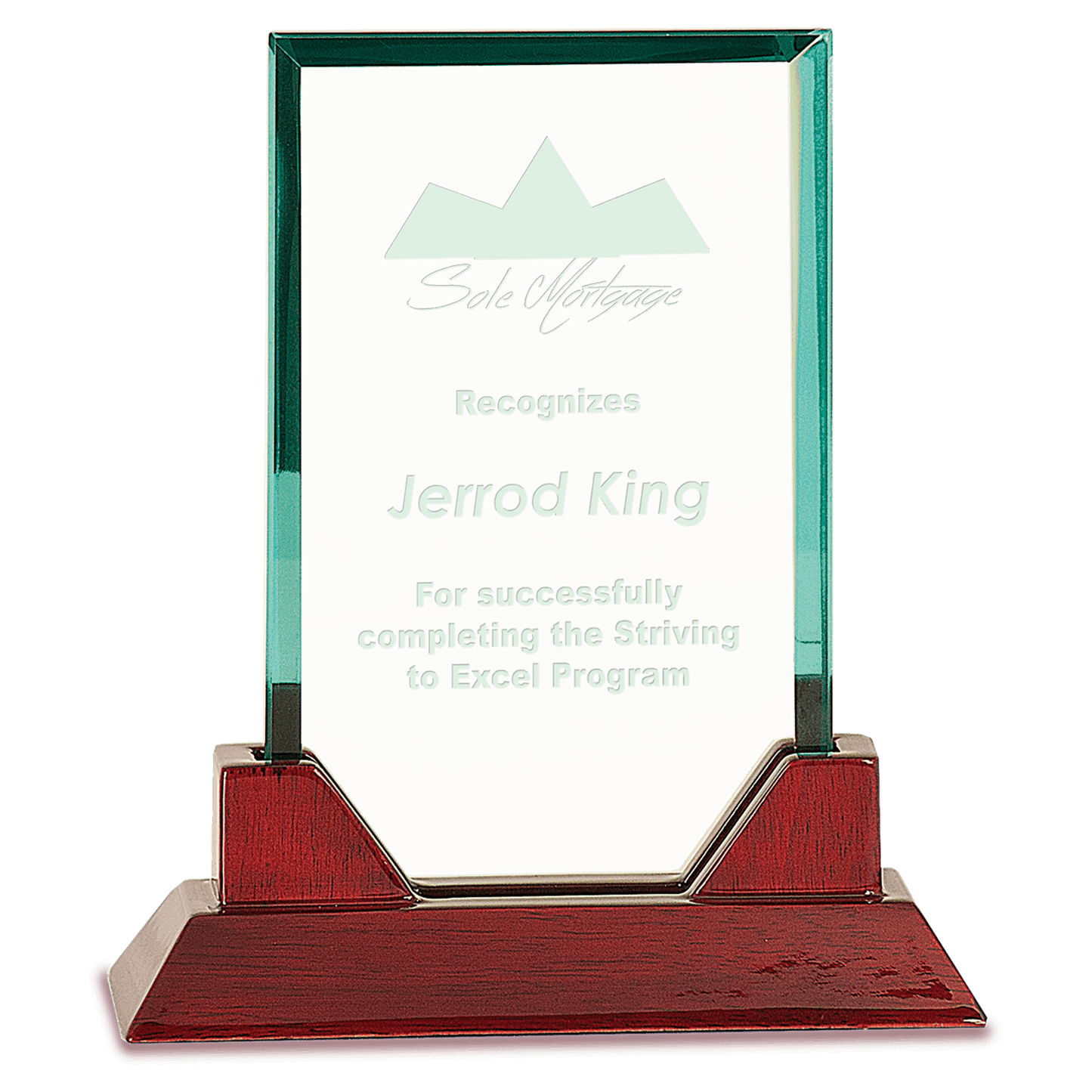 7 3/4" Jade Rectangle Prestige Glass with Rosewood Piano Finish Base crystal award laser engravable