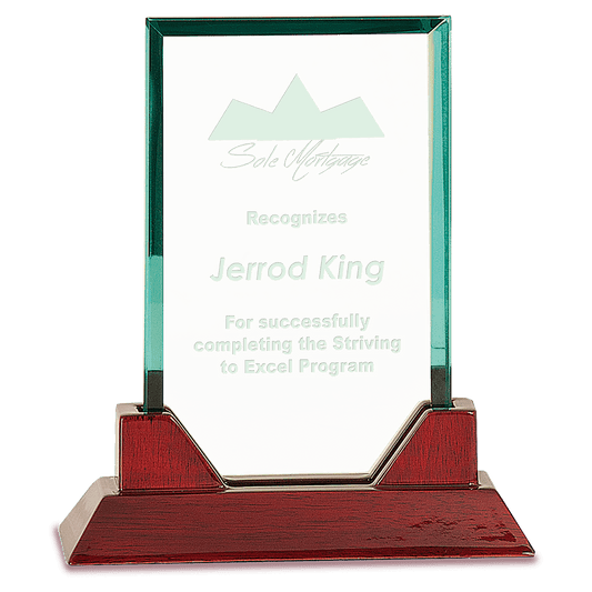 7 3/4" Jade Rectangle Prestige Glass with Rosewood Piano Finish Base crystal award laser engravable