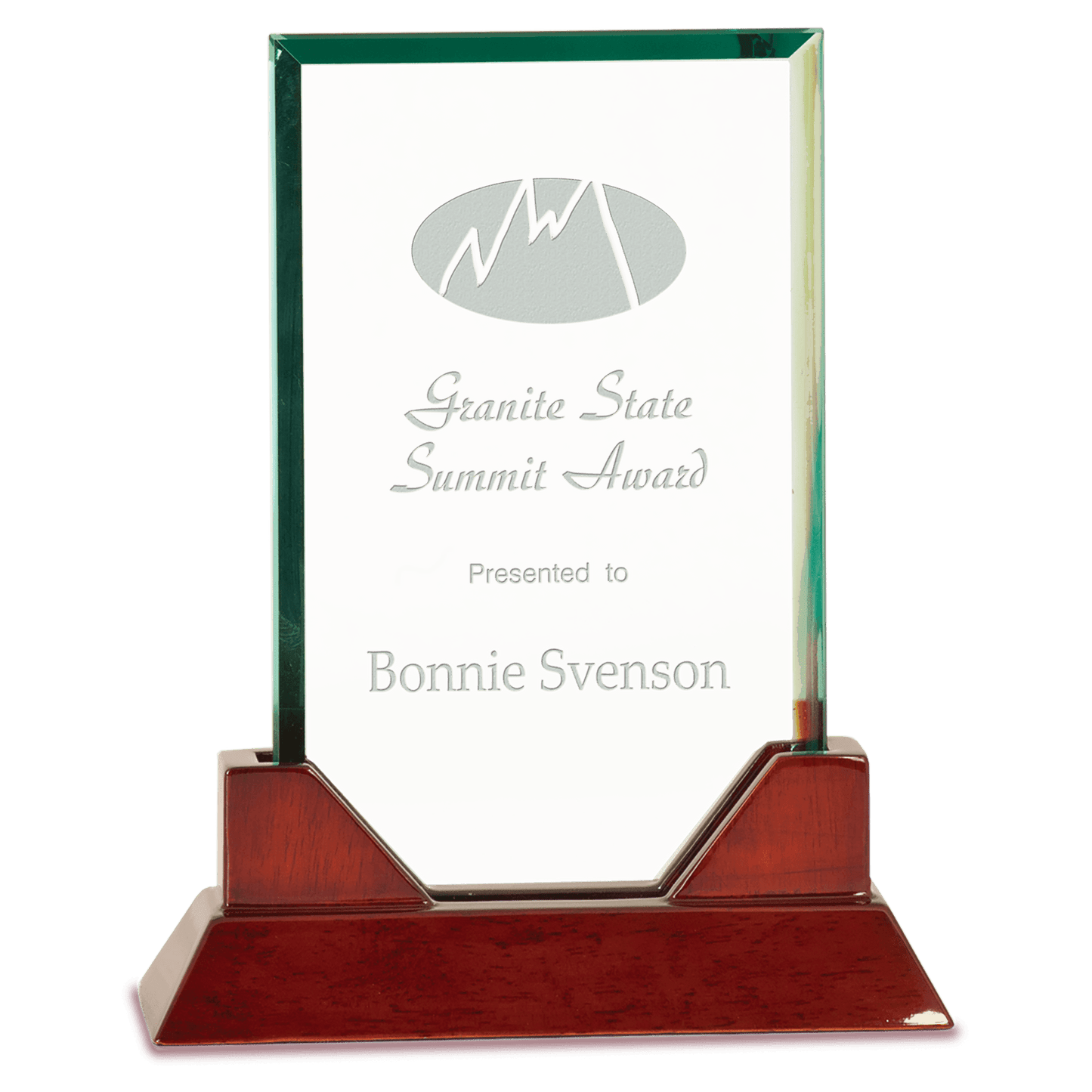 8 3/4" Rectangle Prestige Glass with Rosewood Piano Finish Base crystal award laser engravable