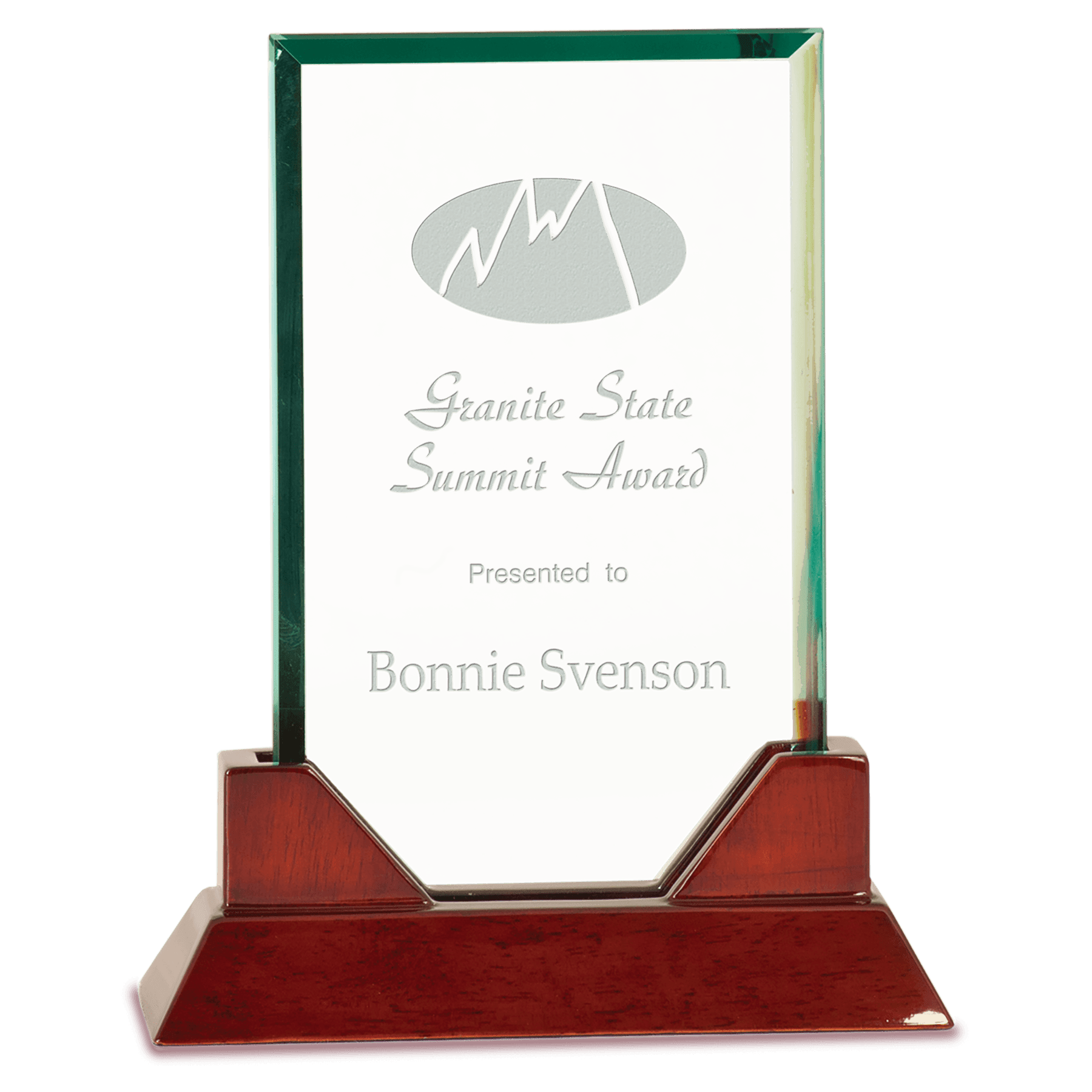 8 3/4" Rectangle Prestige Glass with Rosewood Piano Finish Base crystal award laser engravable