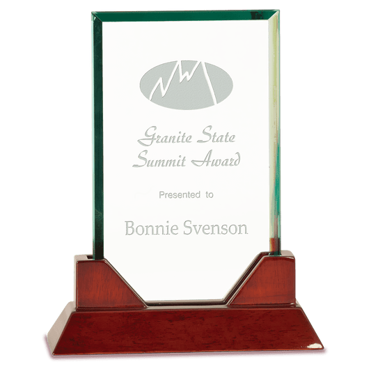 8 3/4" Rectangle Prestige Glass with Rosewood Piano Finish Base crystal award laser engravable