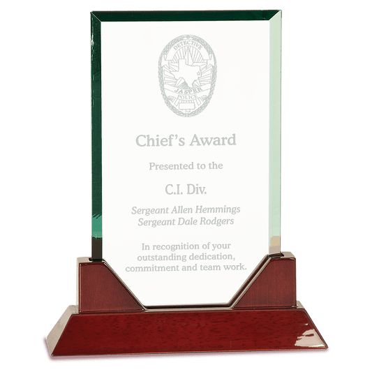 9 3/4" Rectangle Prestige Glass with Rosewood Piano Finish Base crystal award laser engravable