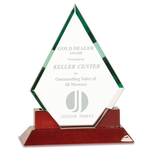 8 1/2" Jade Diamond Prestige Glass with Rosewood Piano Finish Base crystal award laser engravable