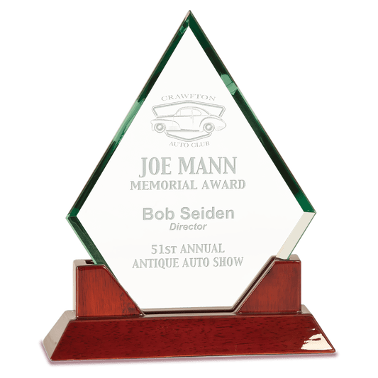 9 1/2" Jade Diamond Prestige Glass with Rosewood Piano Finish Base crystal award laser engravable