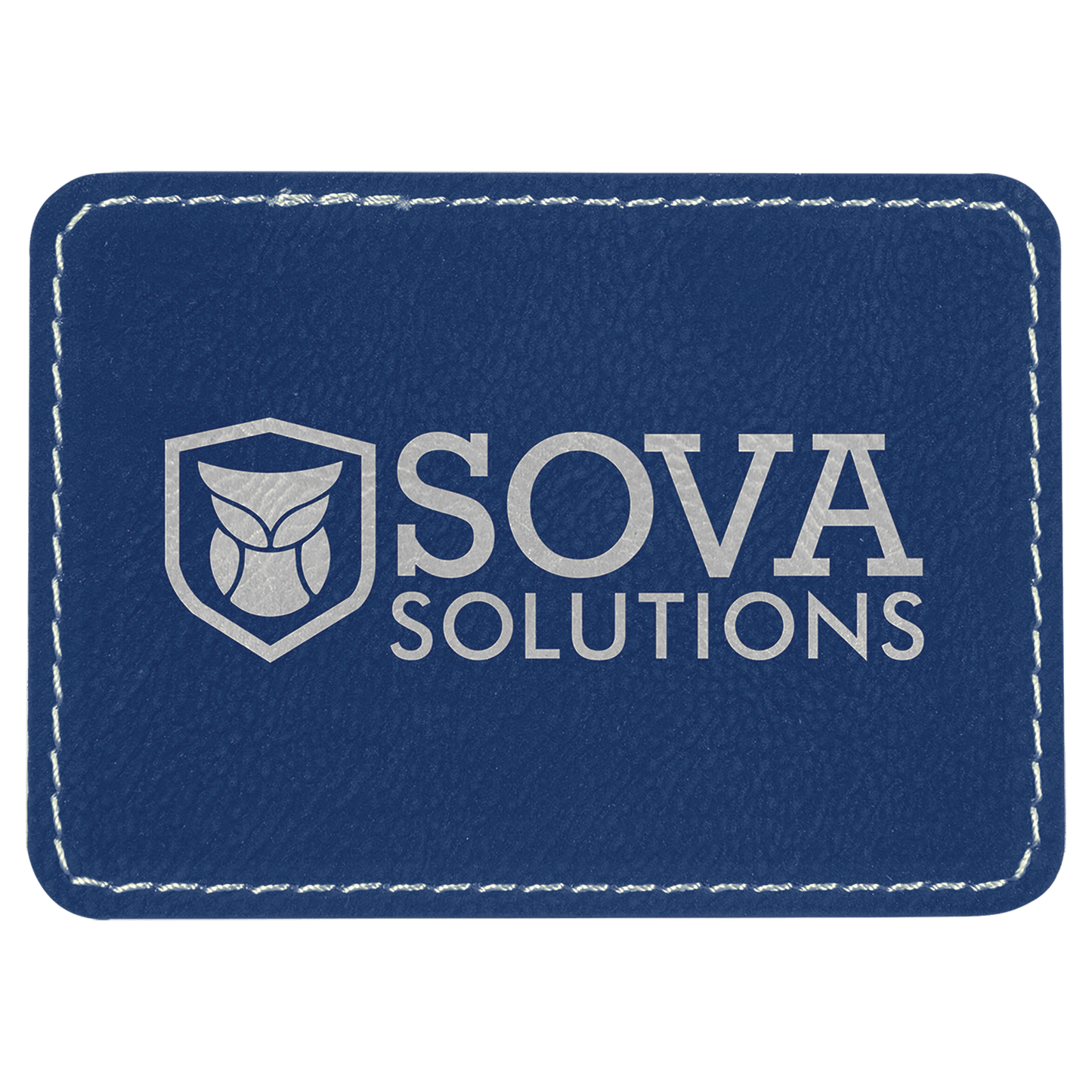 Blue/Silver 3 1/2" x 2 1/2" rectangle leatherette patch laser engravable Kota Pro adhesive