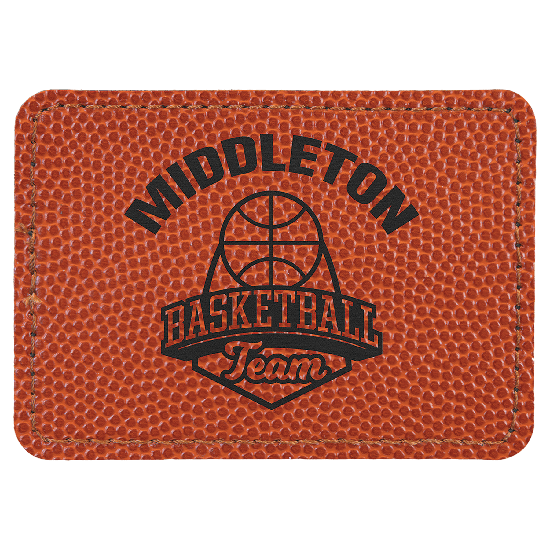 Basketball 3 1/2" x 2 1/2" rectangle leatherette patch laser engravable Kota Pro adhesive