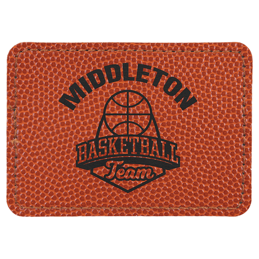 Basketball 3 1/2" x 2 1/2" rectangle leatherette patch laser engravable Kota Pro adhesive