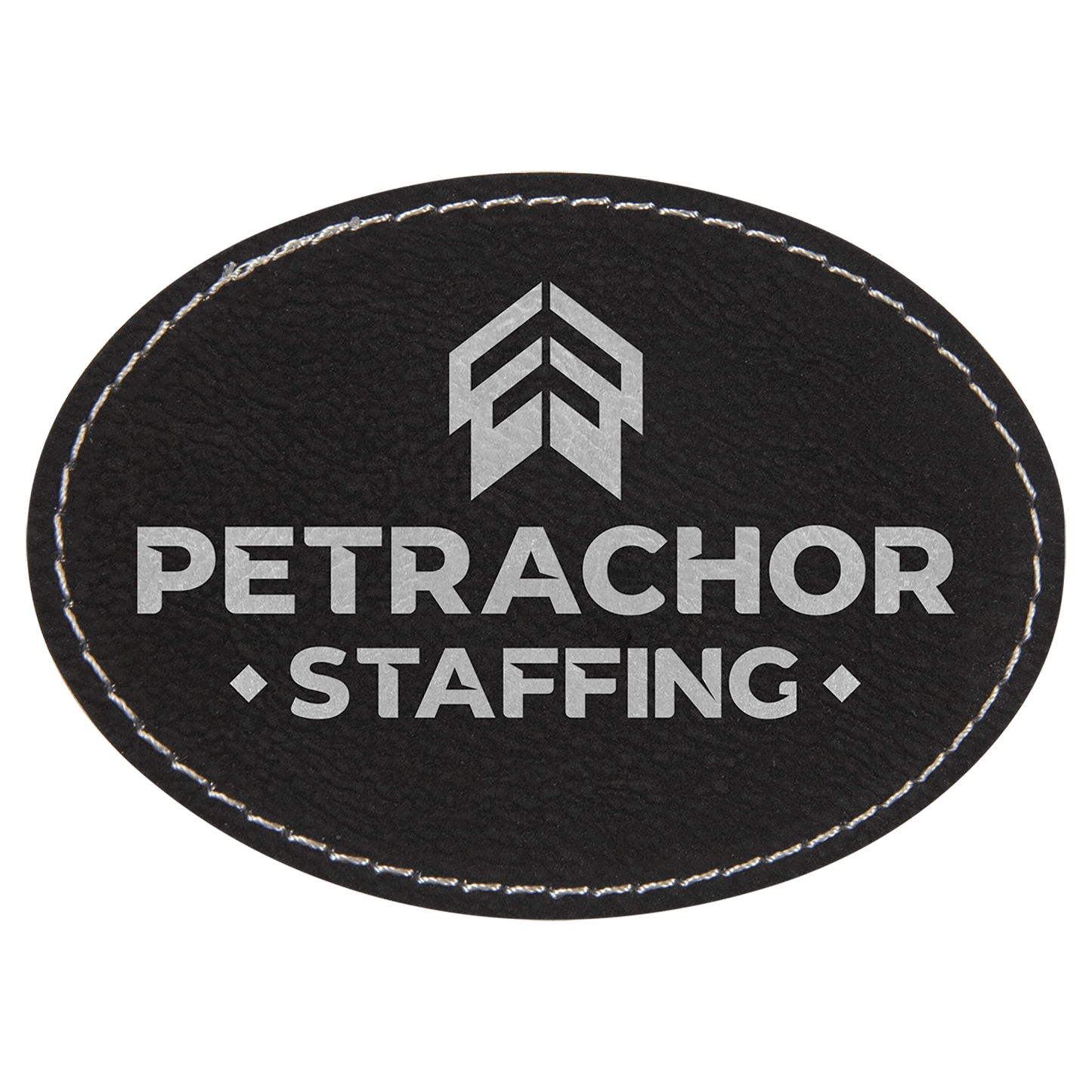 Black/Silver 3 1/2" x 2 1/2" oval leatherette patch laser engravable Kota Pro adhesive