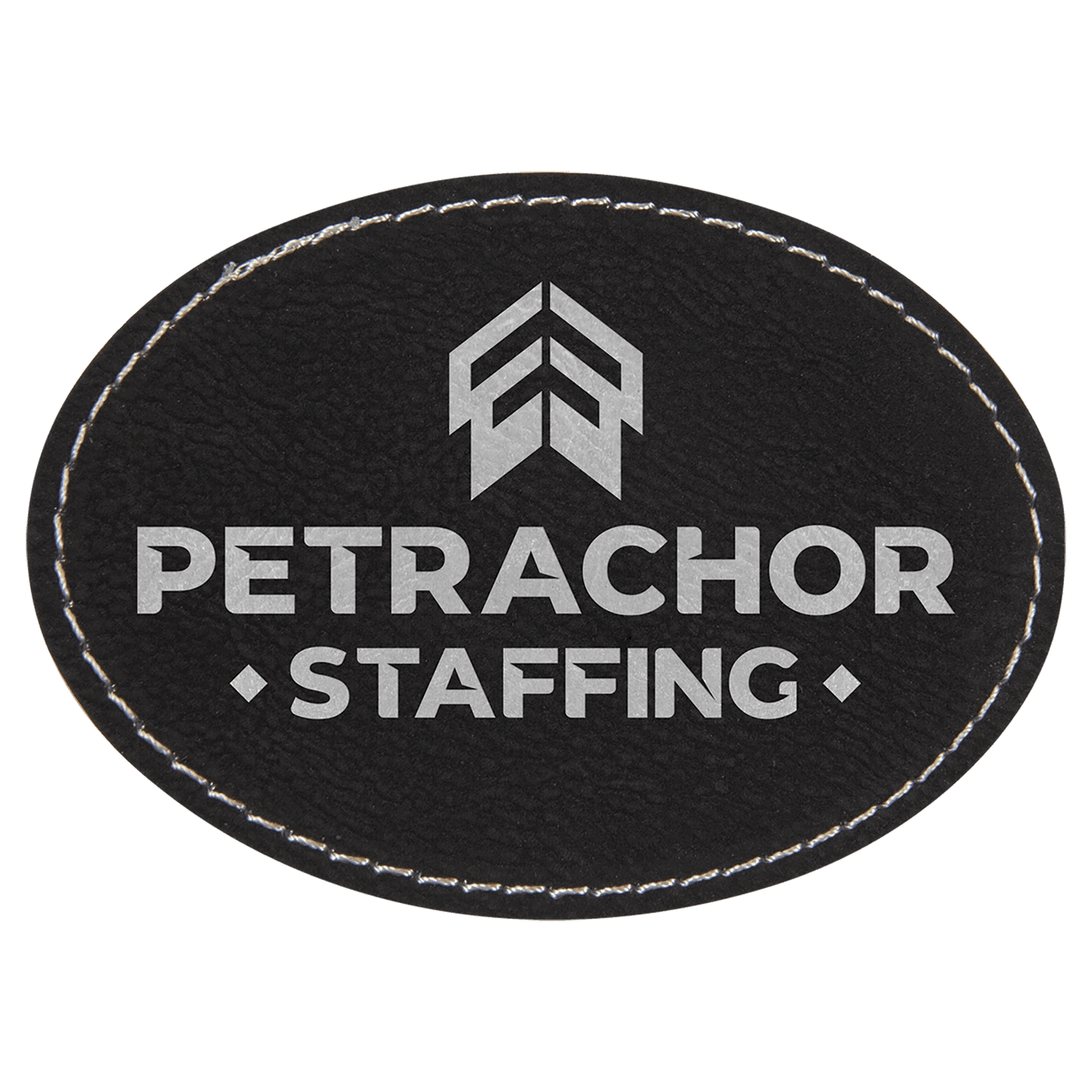 Black/Silver 3 1/2" x 2 1/2" Laserable Leatherette Oval Patch with Kota Pro Adhesive