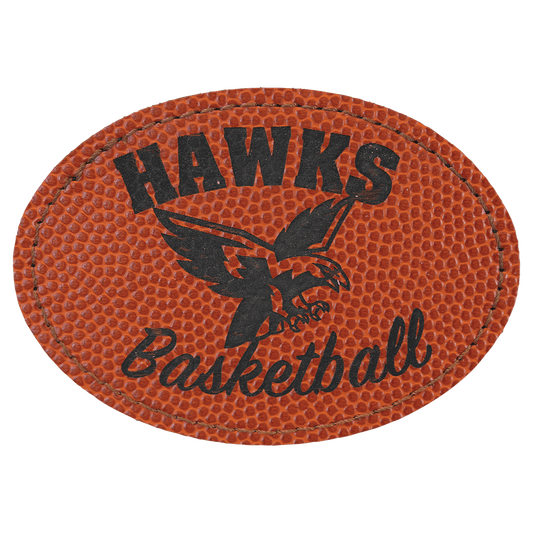 Basketball 3 1/2" x 2 1/2" oval leatherette patch laser engravable Kota Pro adhesive