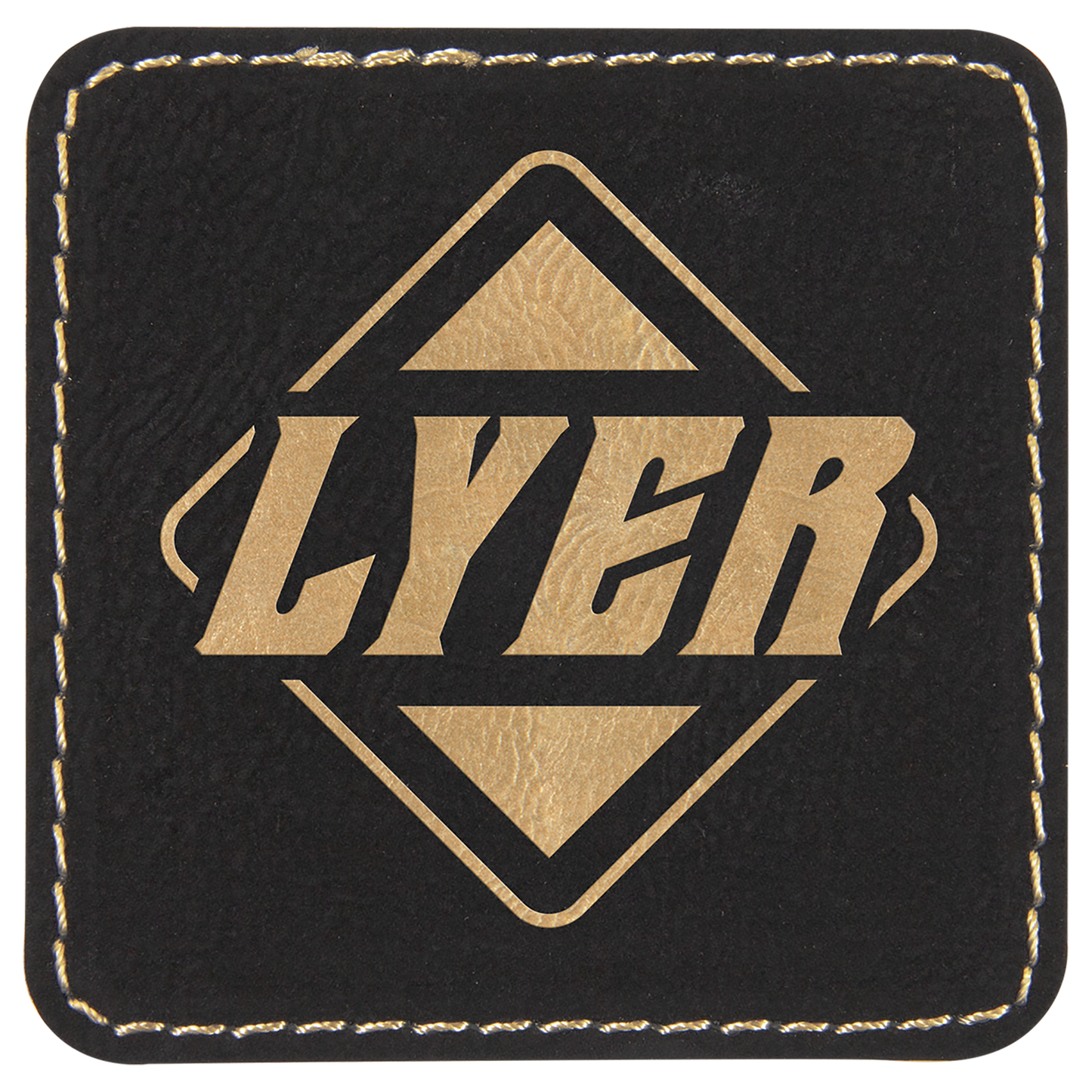 Black/Gold 2 1/2" x 2 1/2" Square Laserable Leatherette Patch with Adhesive
