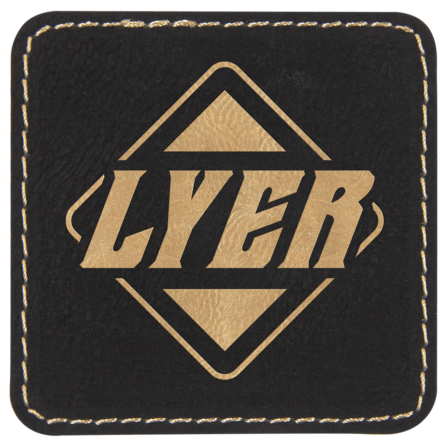 Black/Gold 2 1/2" x 2 1/2" square leatherette patch laser engravable Kota Pro adhesive