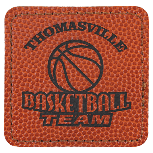 Basketball 2 1/2" x 2 1/2" square leatherette patch laser engravable Kota Pro adhesive