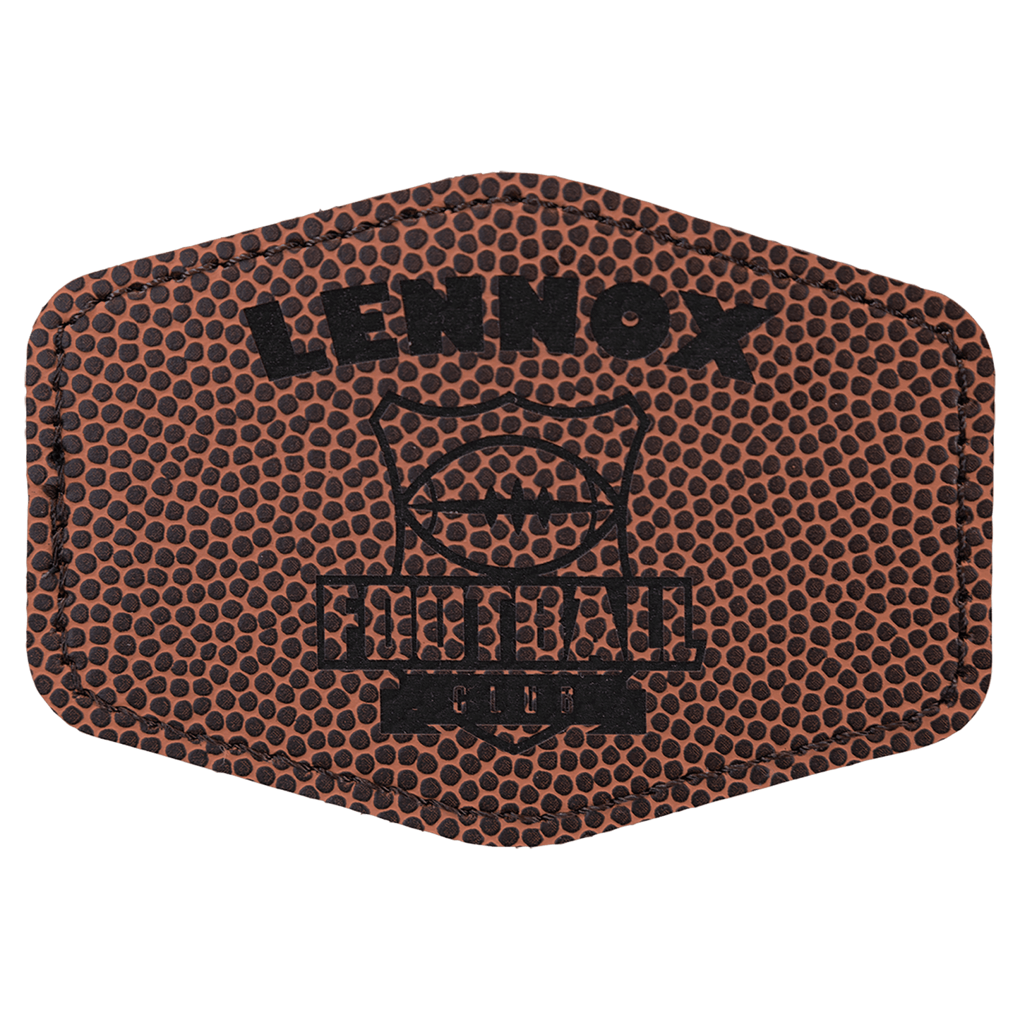 Football 3 1/2" x 2 1/2" hex leatherette patch laser engravable Kota Pro adhesive