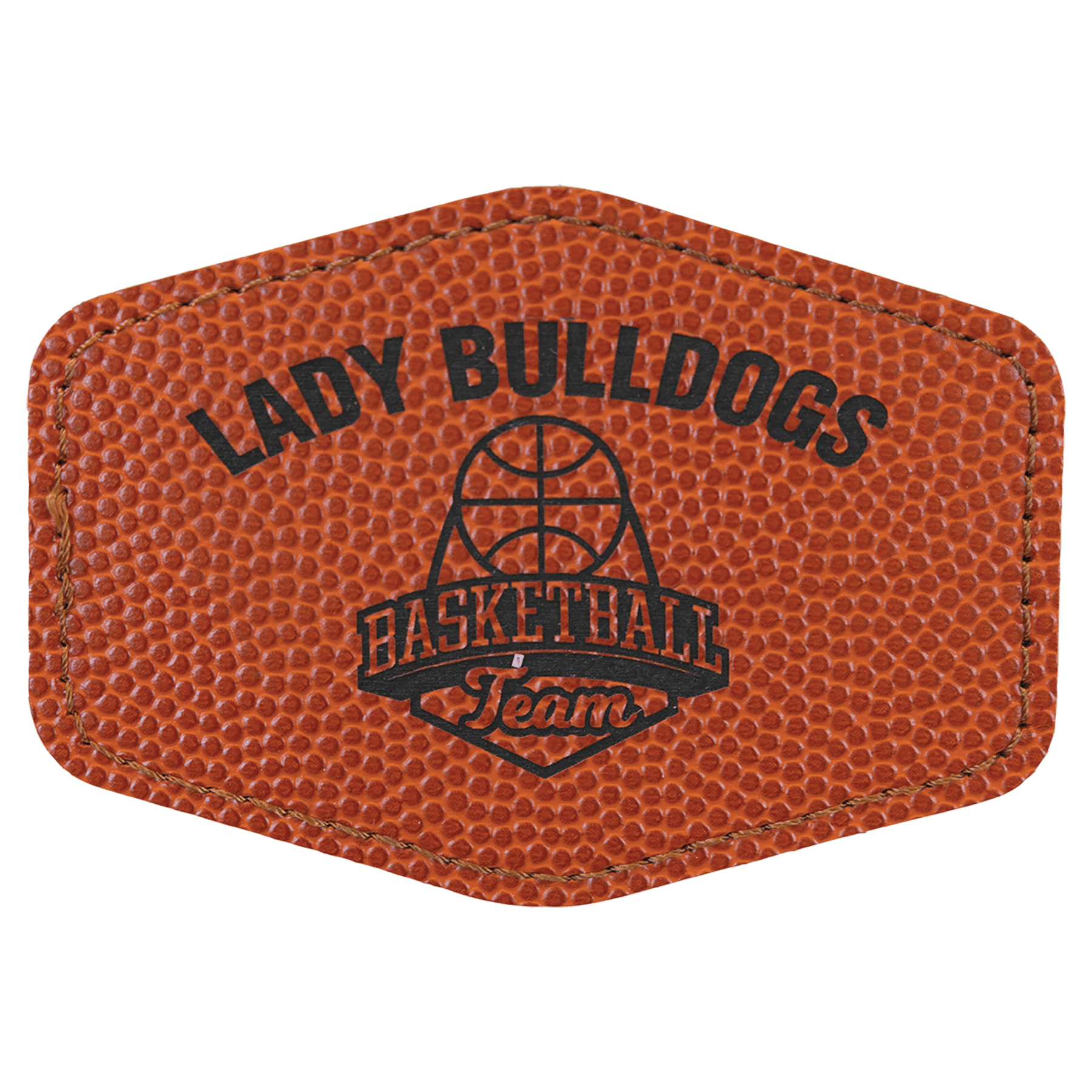 Basketball 3 1/2" x 2 1/2" hex leatherette patch laser engravable Kota Pro adhesive