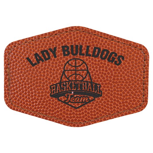 Basketball 3 1/2" x 2 1/2" hex leatherette patch laser engravable Kota Pro adhesive