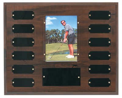 12 Plate w/ 3 1/2" x 5" Photo Holder, Completed Cherry Finish Perpetual laser engravable