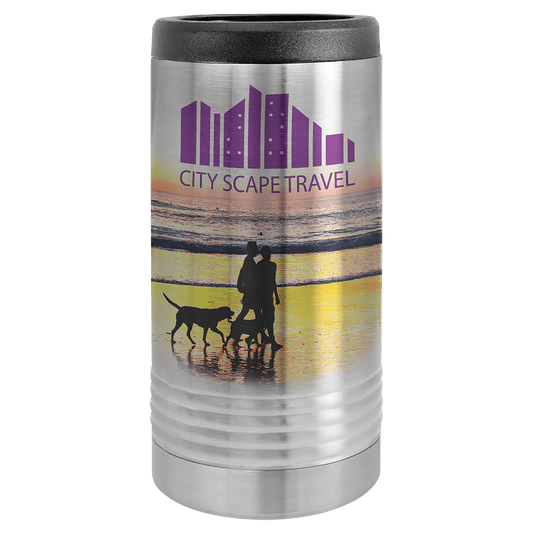 Personalized stainless steel slim can and bottle insulated holder with custom engraved name or design