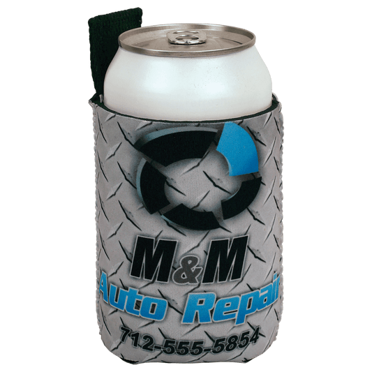 Personalized can beverage holder with magnetic strap and custom full-color design on both sides