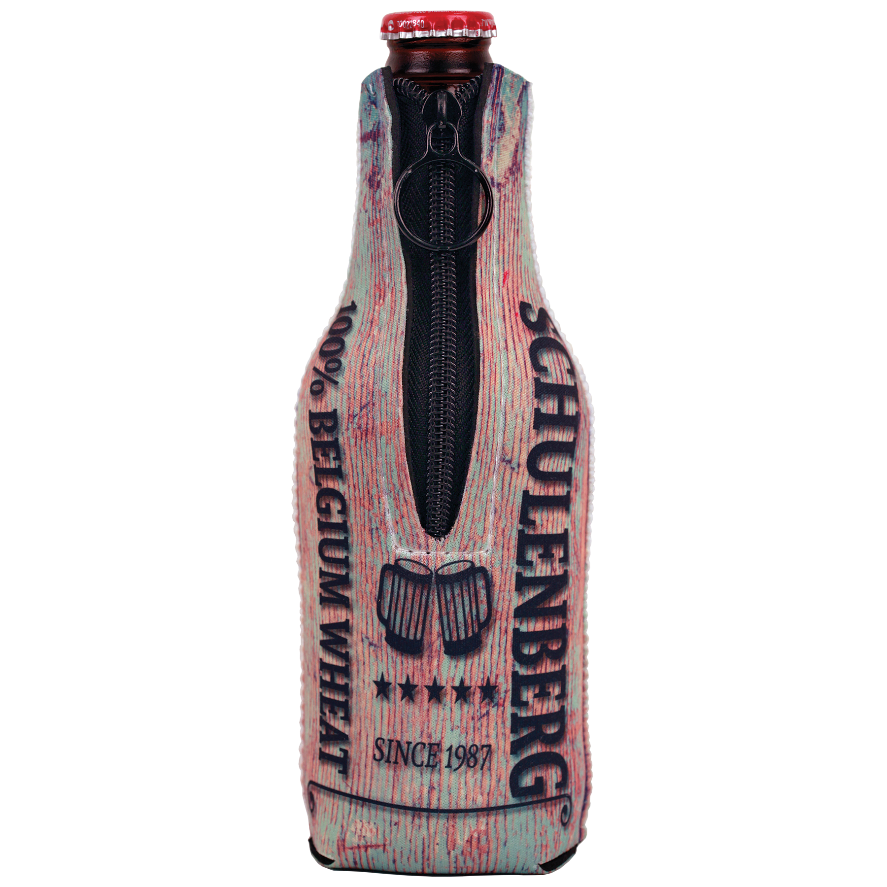 Personalized glass bottle beverage holder with zipper and custom full-color photo or design