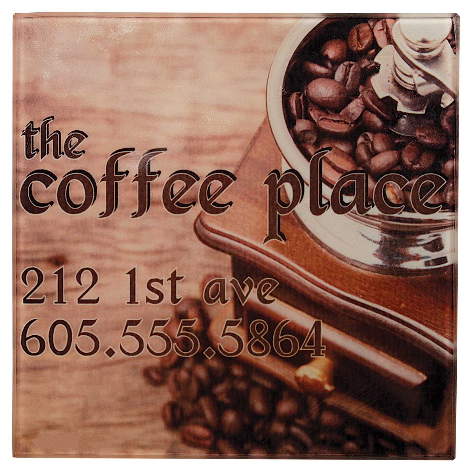 Personalized 4 inch square glass coaster with custom full-color photo or design and rubber feet