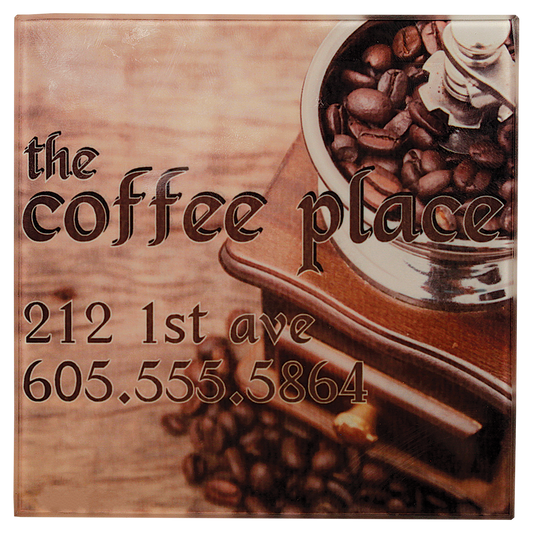 Personalized 4 inch square glass coaster with custom full-color photo or design and rubber feet