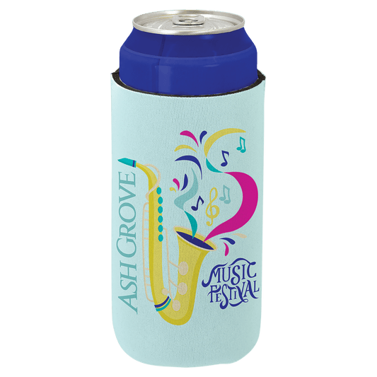 Personalized 16 oz. can beverage holder with custom full-color photo or design on white neoprene surface