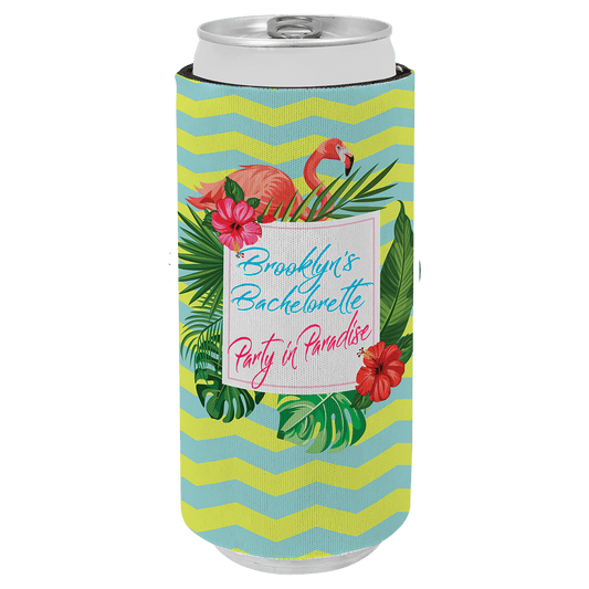 Personalized slim can beverage holder with custom full-color photo or design on white neoprene surface