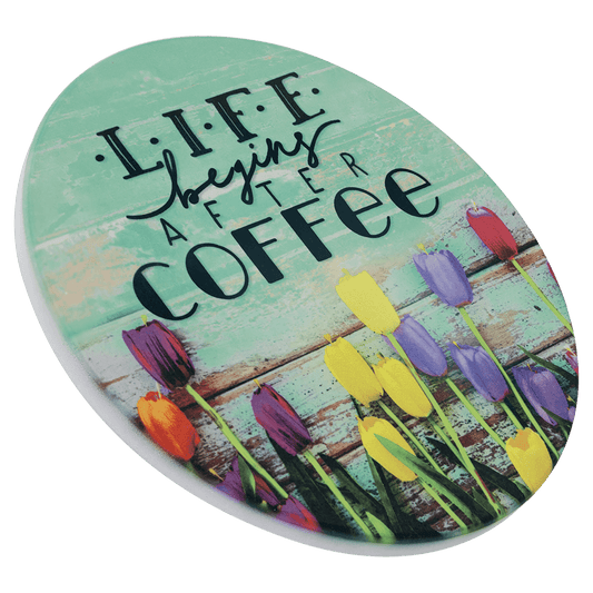 Personalized 4.25 inch round sandstone coaster with cork backing and custom full-color design