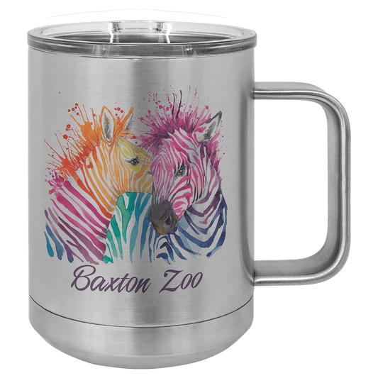 Personalized 15 oz. stainless steel insulated mug with slider lid and custom full-color design