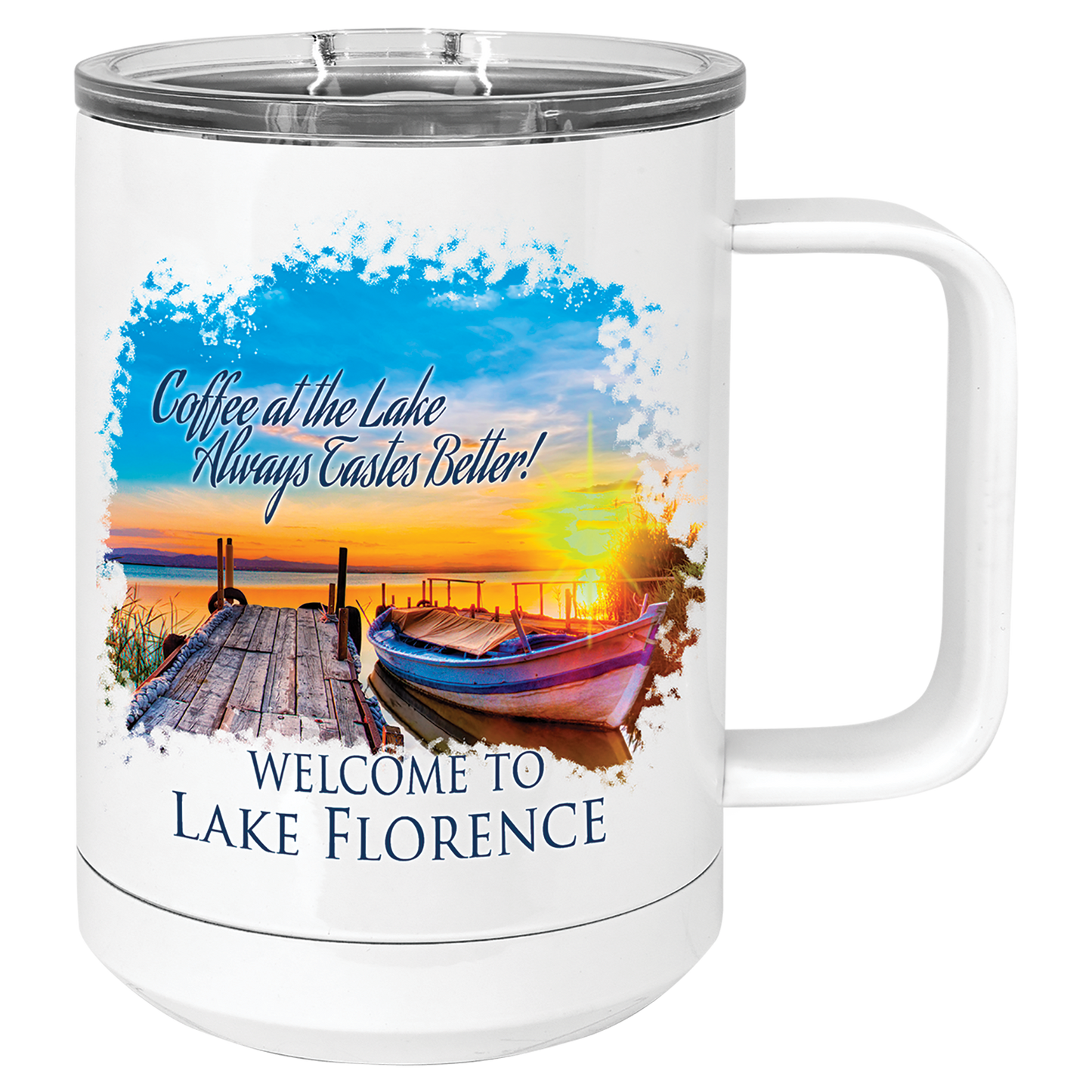 Personalized 15 oz. white insulated stainless steel mug with slider lid and custom full-color design