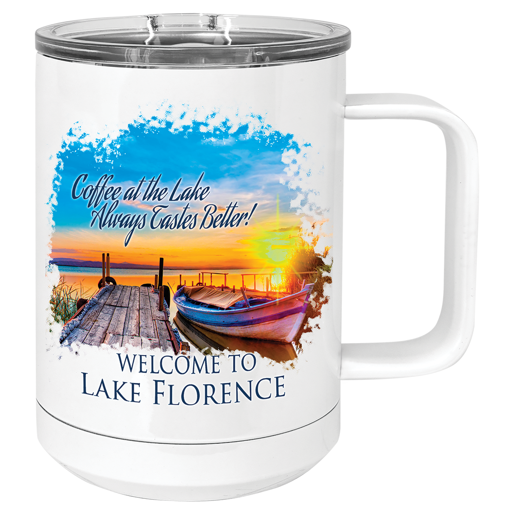 Personalized 15 oz. white insulated stainless steel mug with slider lid and custom full-color design