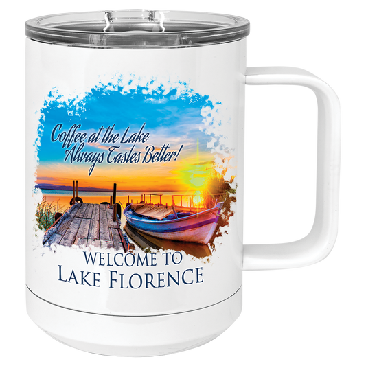 Personalized 15 oz. white insulated stainless steel mug with slider lid and custom full-color design