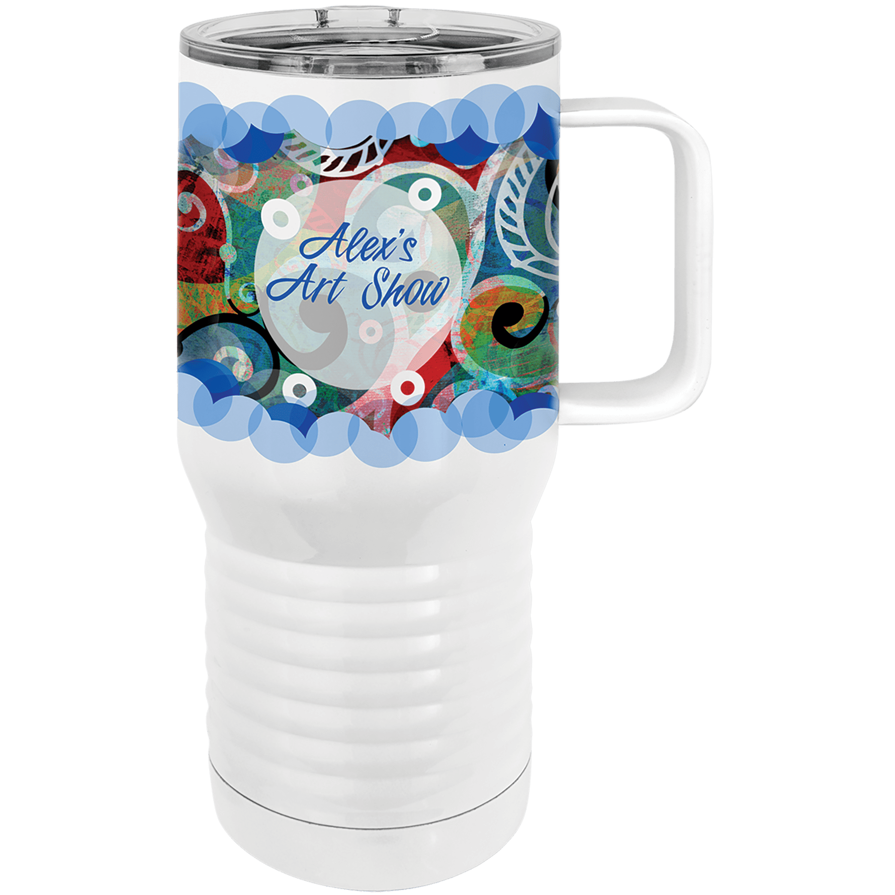 Personalized 20 oz. white insulated stainless steel travel mug with slider lid and custom full-color design