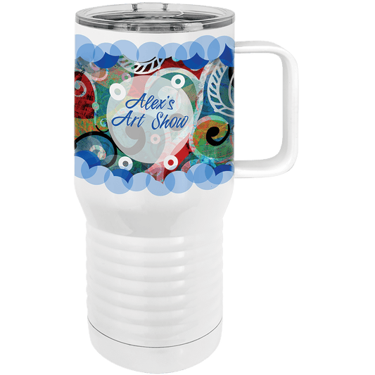 Personalized 20 oz. white insulated stainless steel travel mug with slider lid and custom full-color design