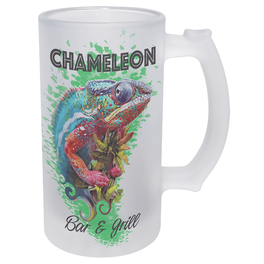 Personalized 16 oz. frosted beer glass with handle and custom full-color design, thick star bottom