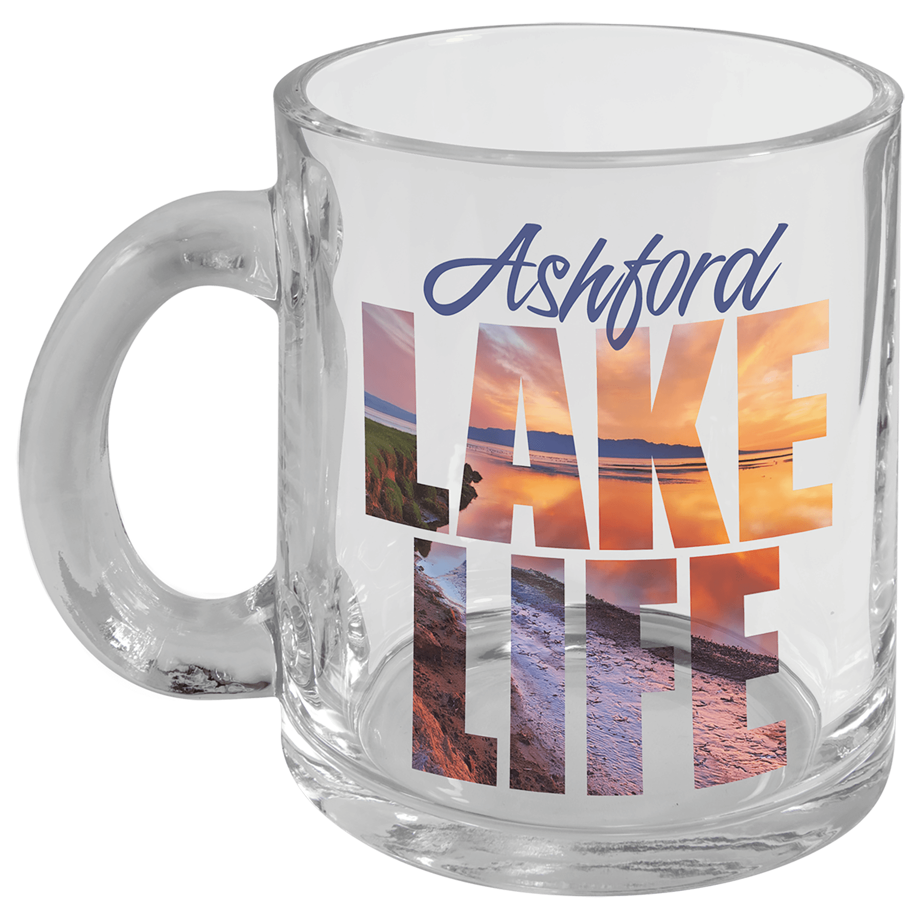 Personalized 10 oz. clear glass coffee mug with handle and custom full-color photo or design