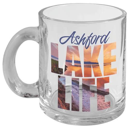 Personalized 10 oz. clear glass coffee mug with handle and custom full-color photo or design