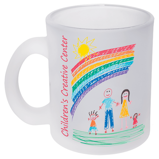 Personalized 10 oz. frosted glass coffee mug with handle and custom full-color photo or design