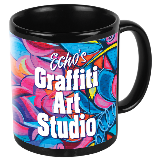 Personalized 11 oz. black and white banner ceramic coffee mug with custom full-color design