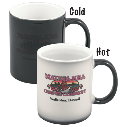 Personalized 11 oz. color changing coffee mug that reveals custom full-color photo or design when filled with hot liquid