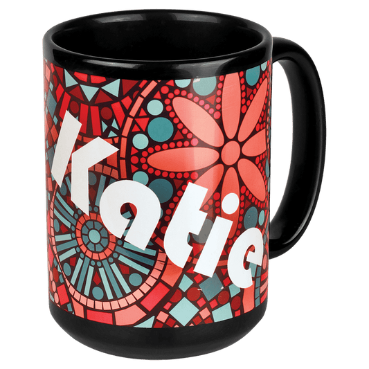 Personalized 15 oz. black and white banner ceramic coffee mug with custom full-color design