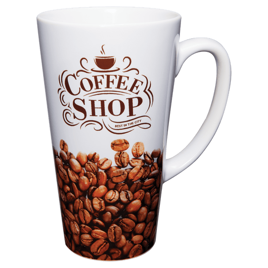 Personalized 17 oz. white ceramic latte mug with handle and custom full-color photo or design
